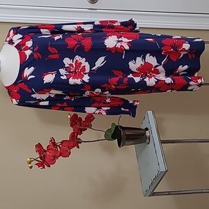 NEW KASPER Shift Dress Stretch Red White Blue Watercolor Floral Long Sleeve Lrg